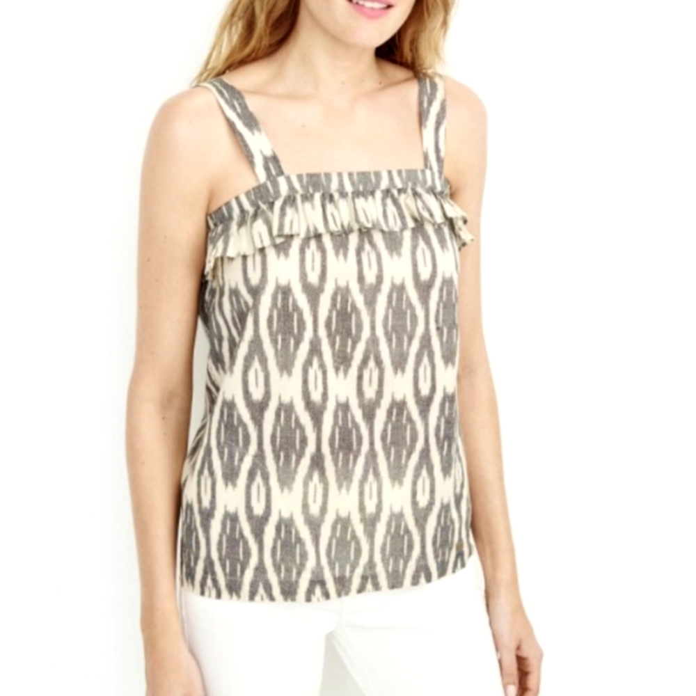 NWT J. Crew Ikat Ruffle Square Neck Gray Abstract Geometric Tank Top Sz 12